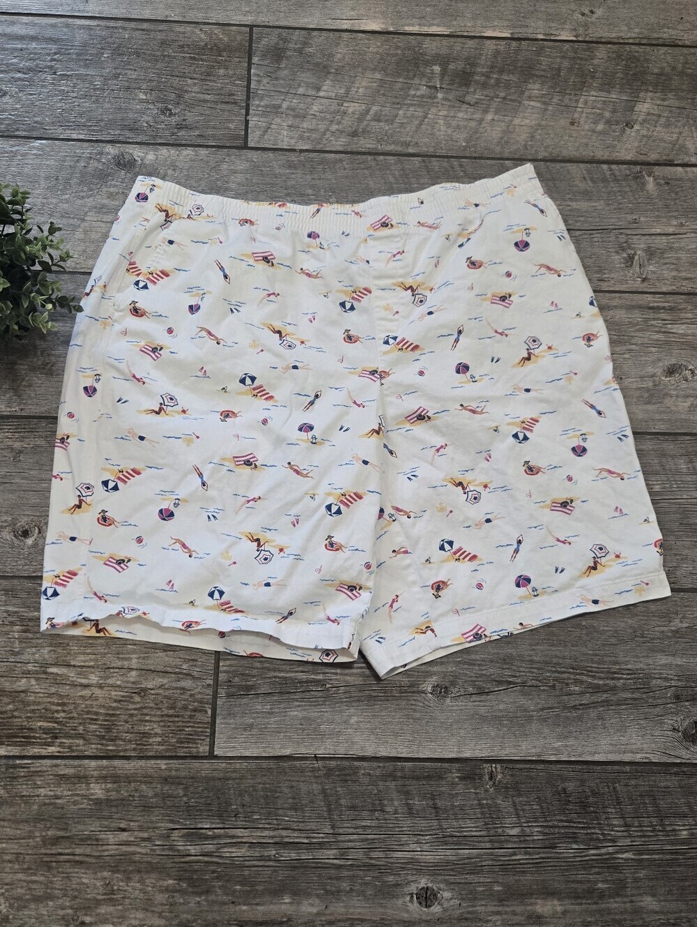 Lands' End White Beach Scene Pull-On Elastic Waist Chino Bermuda Shorts, 26W